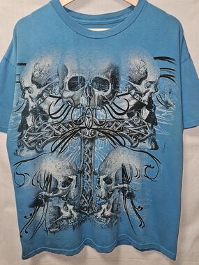 Blue MMA Elite Graphic Skull Printy Y2k T-Shirt sz L